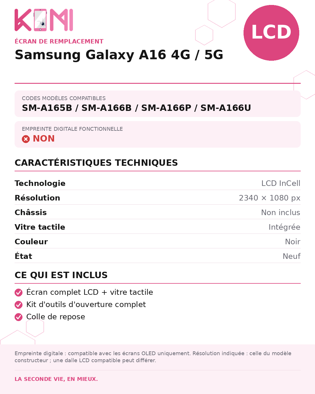 Fiche produit KOMI - Écran Samsung Galaxy A16 4G / 5G LCD