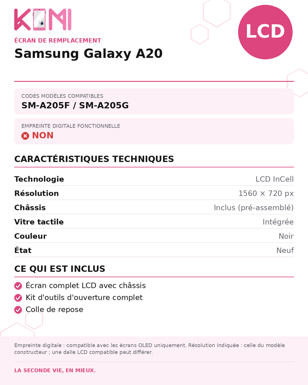 Fiche produit KOMI - Écran Samsung Galaxy A20 LCD