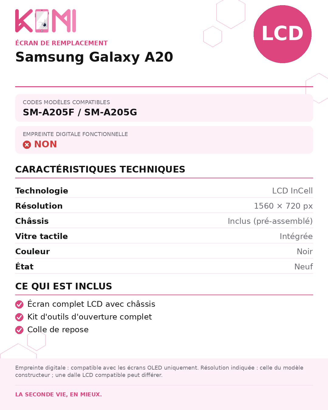 Fiche produit KOMI - Écran Samsung Galaxy A20 LCD