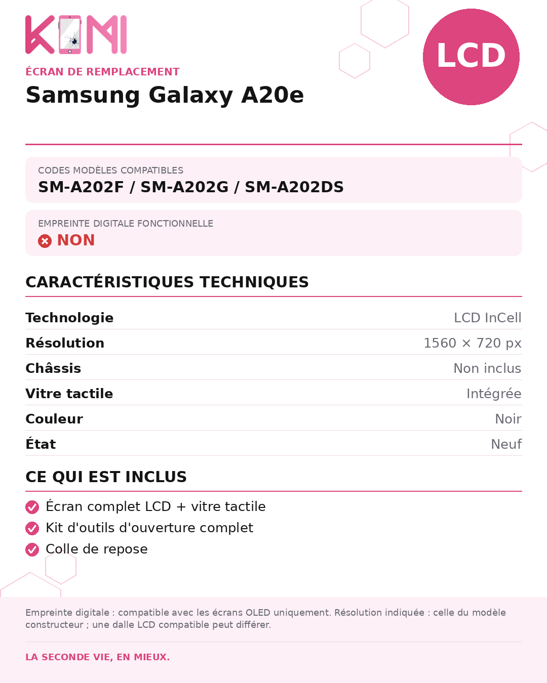 Fiche produit KOMI - Écran Samsung Galaxy A20e LCD