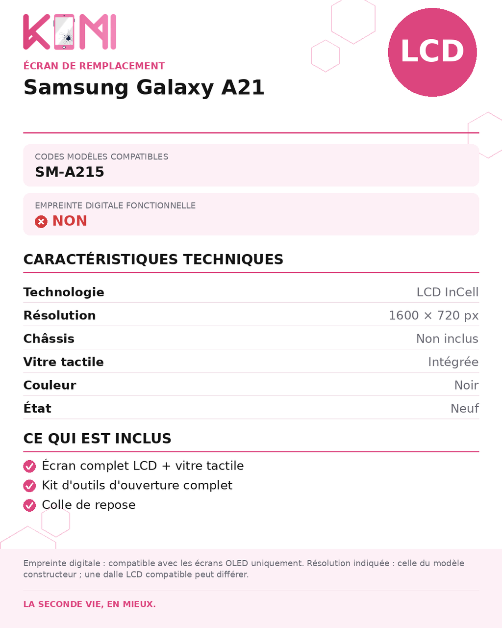Fiche produit KOMI - Écran Samsung Galaxy A21 LCD