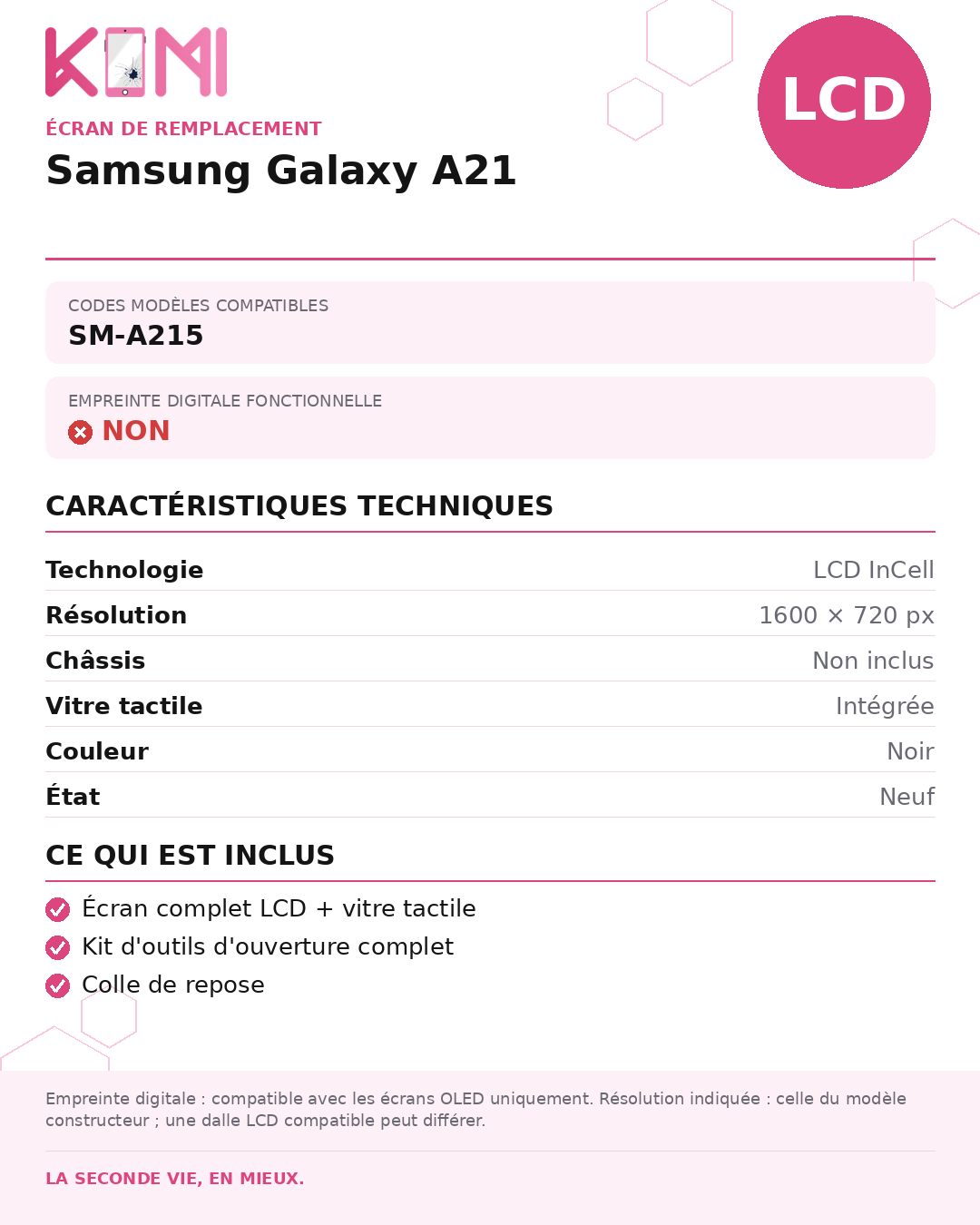 Fiche produit KOMI - Écran Samsung Galaxy A21 LCD