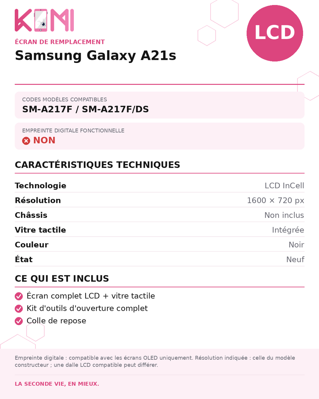 Fiche produit KOMI - Écran Samsung Galaxy A21s LCD