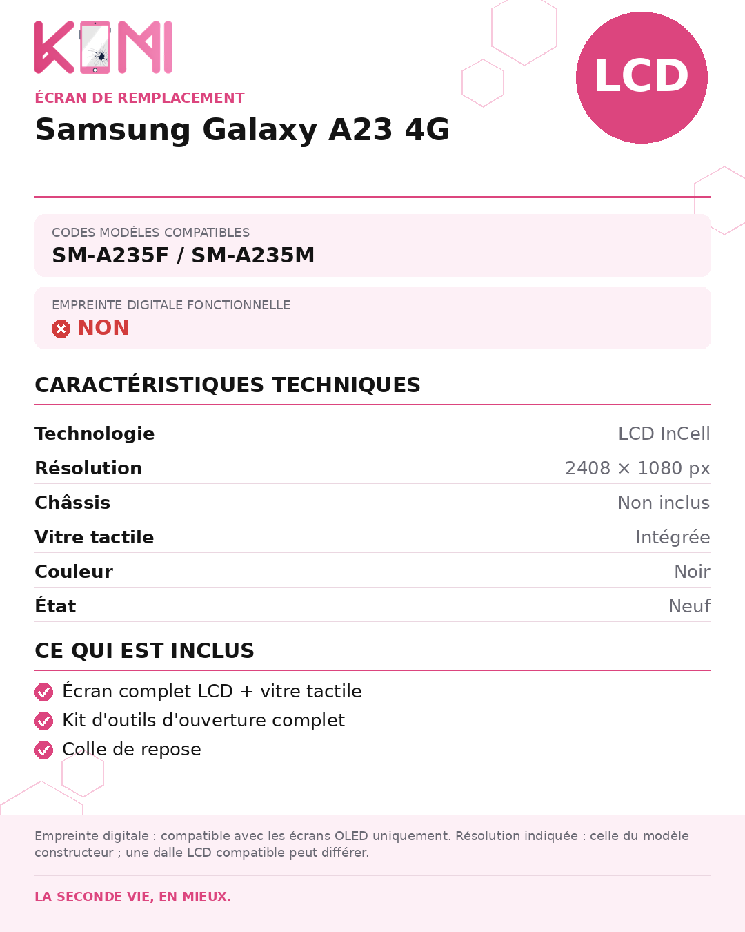 Fiche produit KOMI - Écran Samsung Galaxy A23 4G LCD
