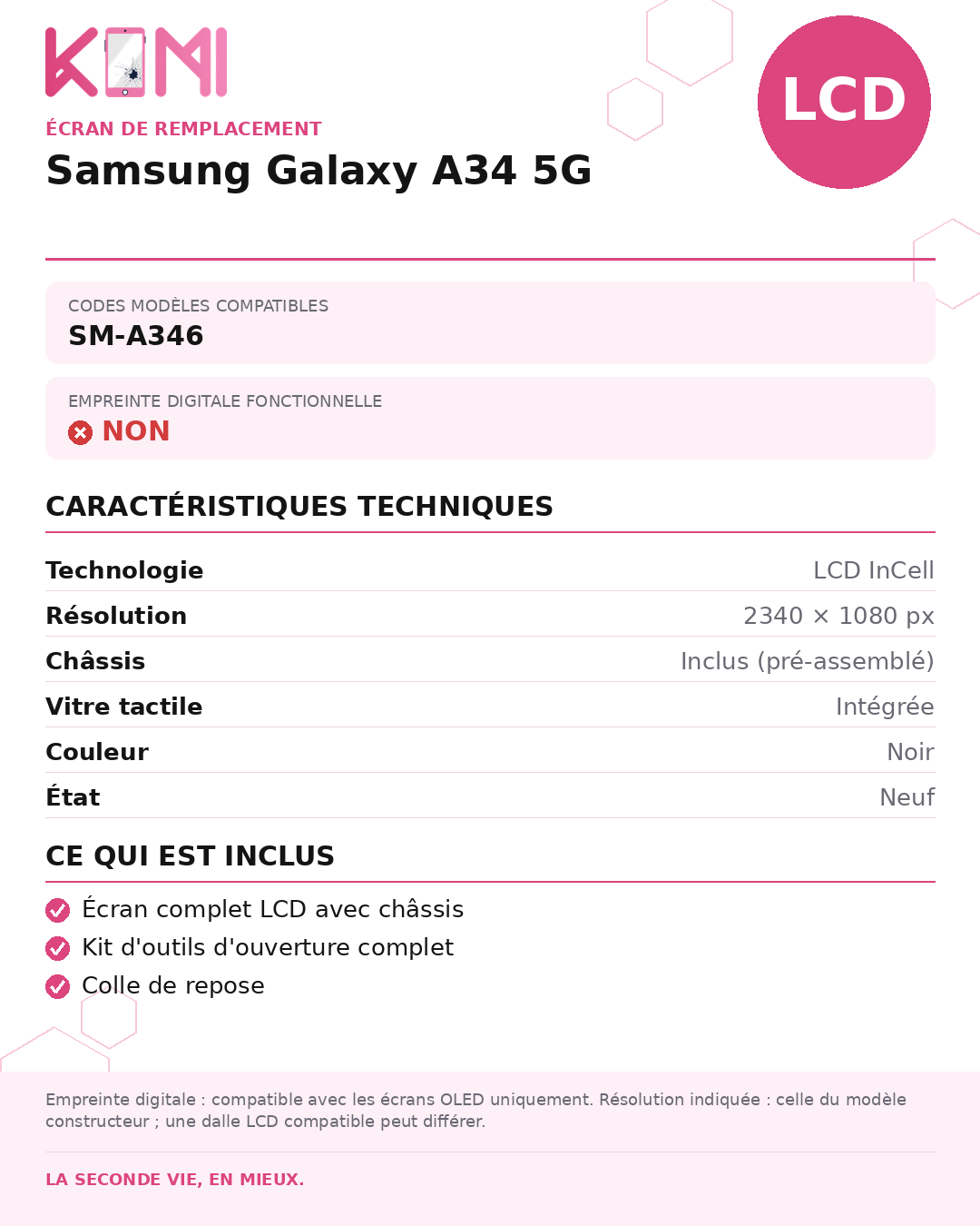 Fiche produit KOMI - Écran Samsung Galaxy A34 5G LCD