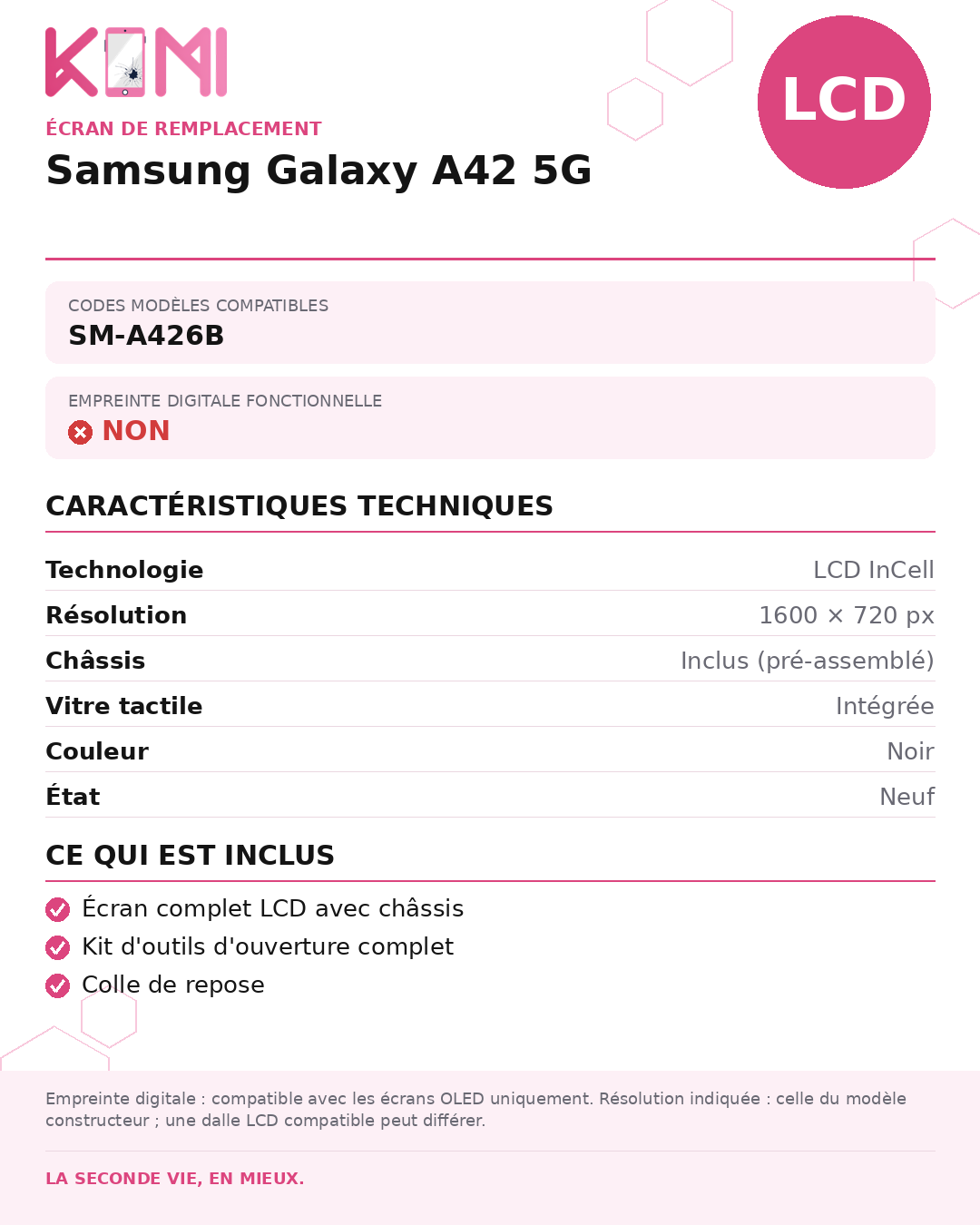Fiche produit KOMI - Écran Samsung Galaxy A42 5G LCD
