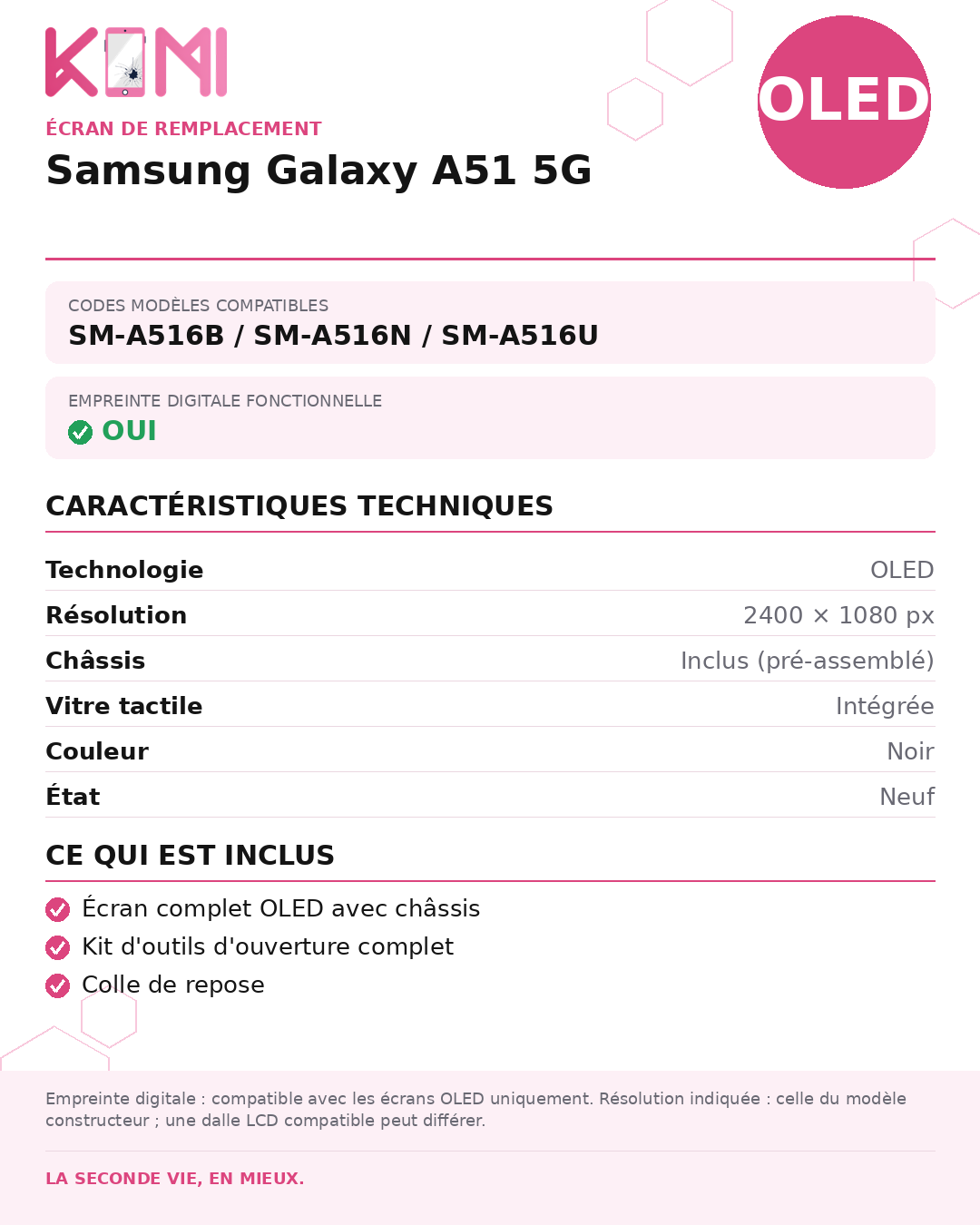 Fiche produit KOMI - Écran Samsung Galaxy A51 5G OLED