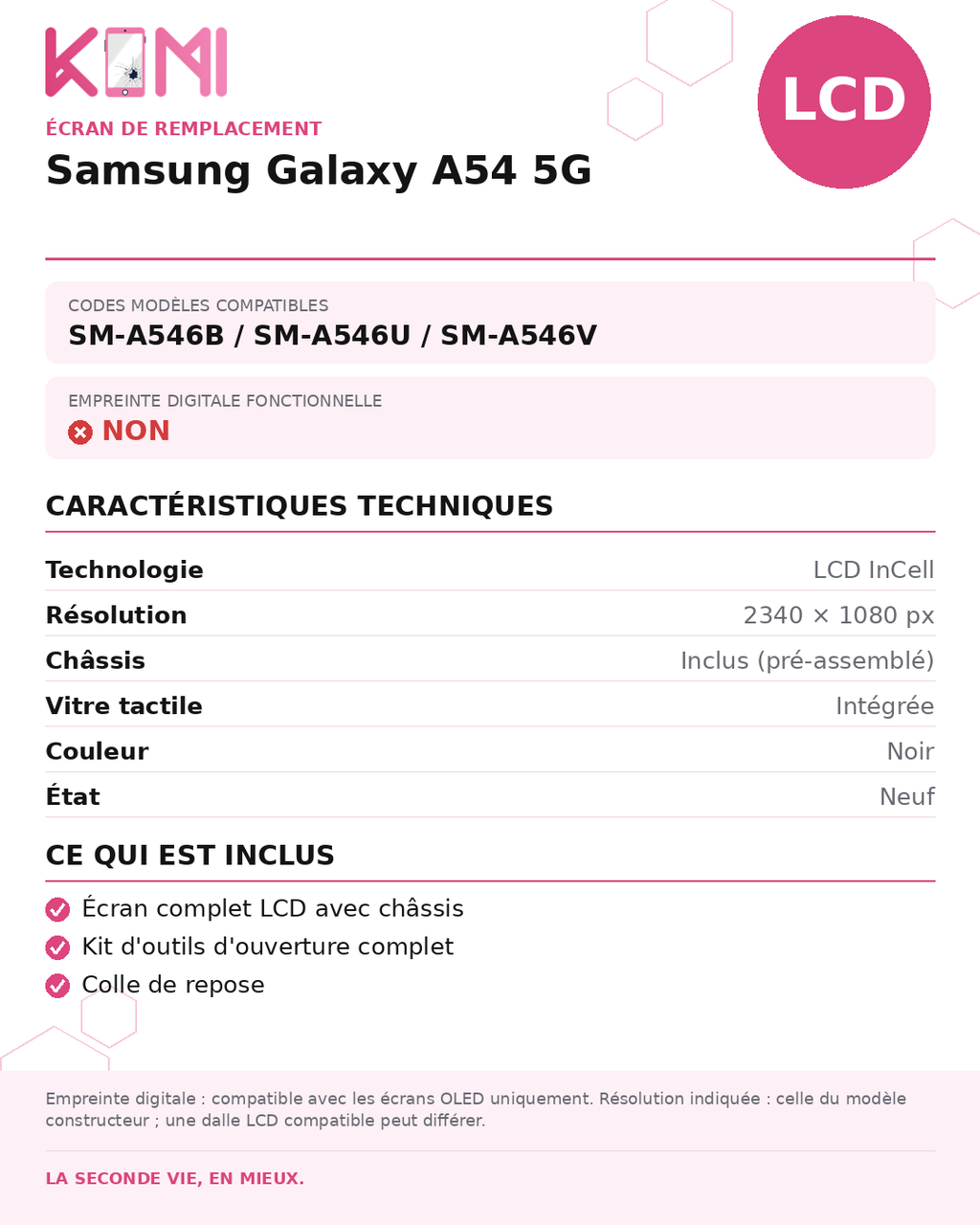 Fiche produit KOMI - Écran Samsung Galaxy A54 5G LCD