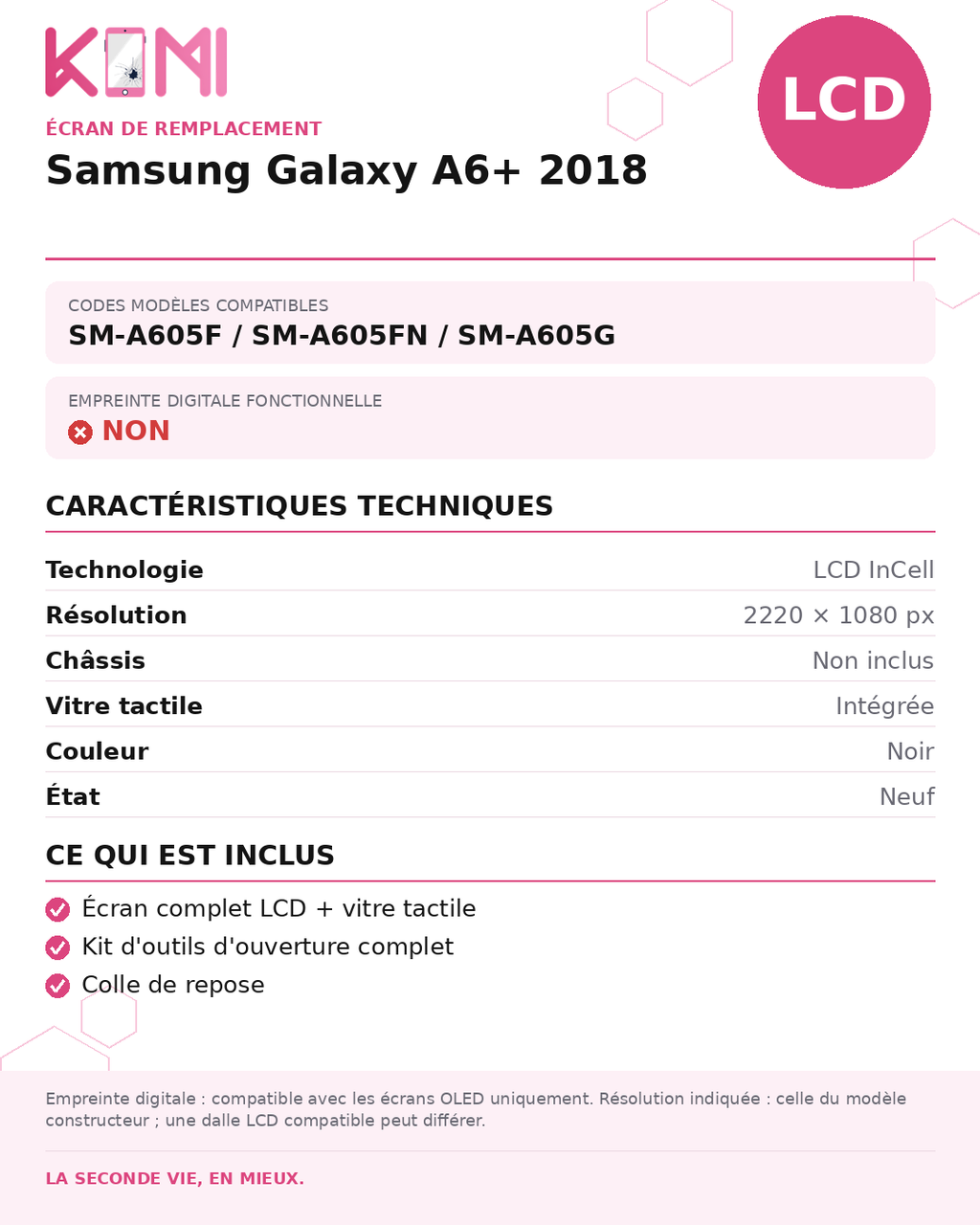 Fiche produit KOMI - Écran Samsung Galaxy A6+ 2018 LCD