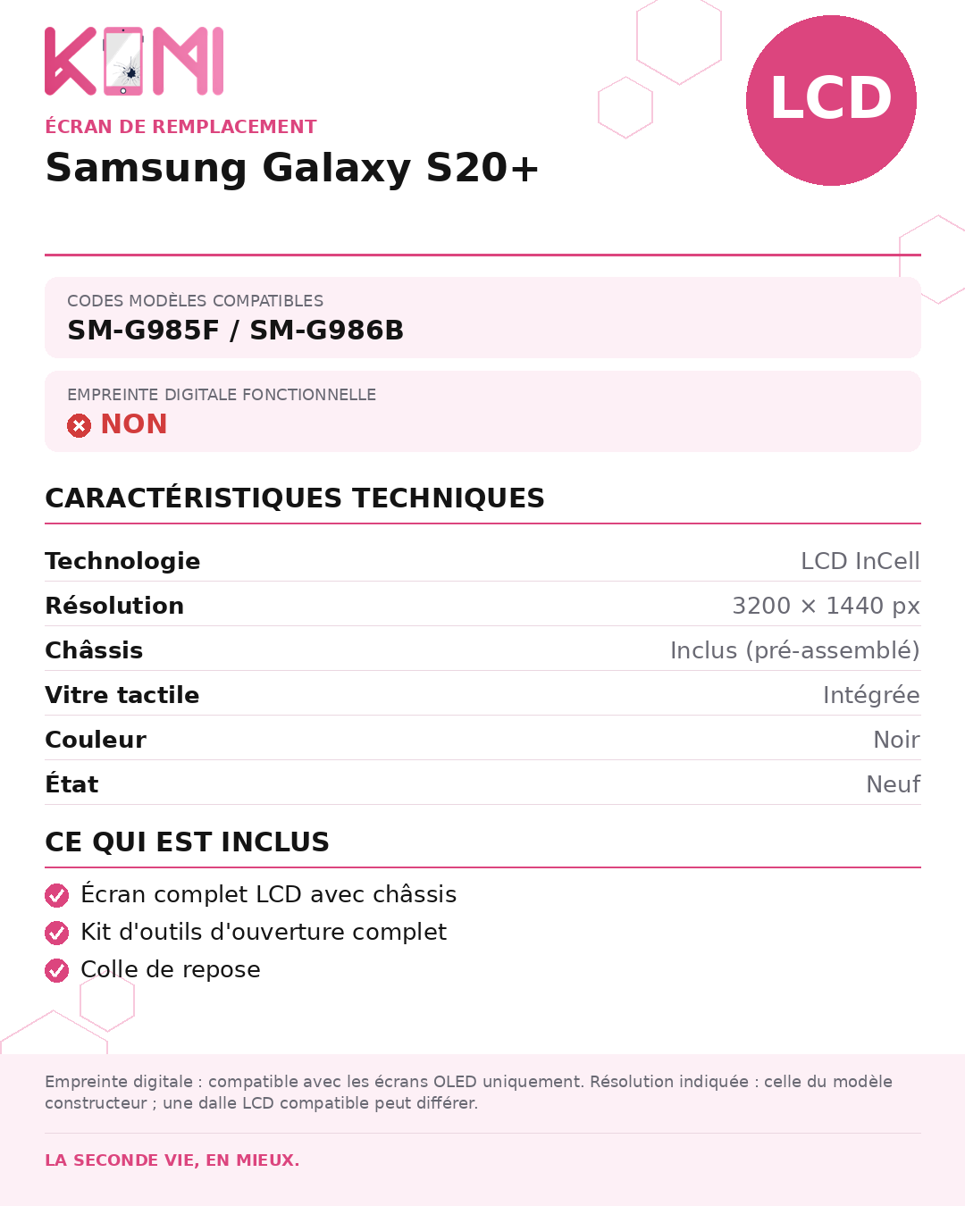 Fiche produit KOMI - Écran Samsung Galaxy S20+ LCD