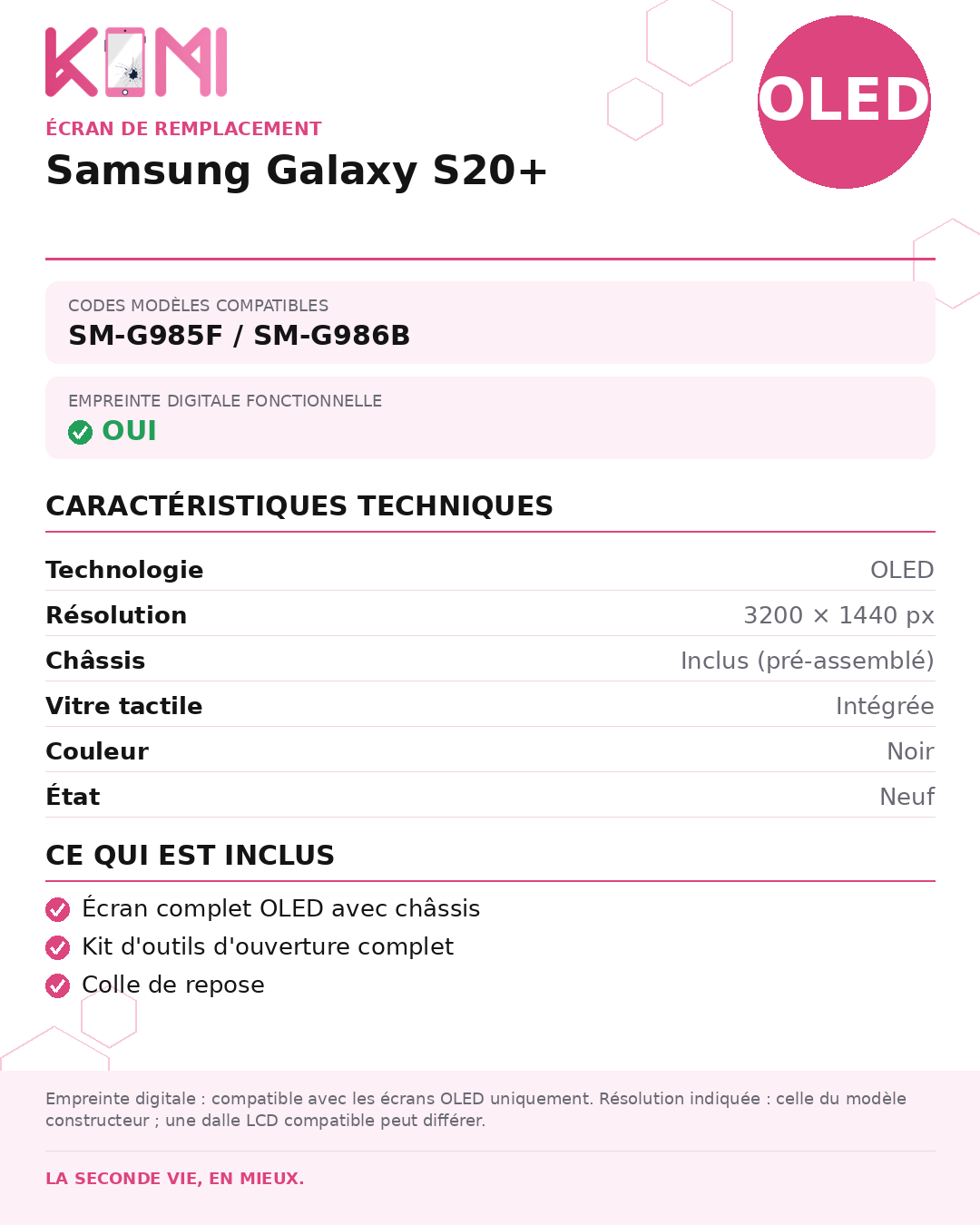 Fiche produit KOMI - Écran Samsung Galaxy S20+ OLED