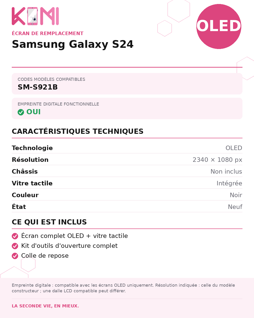 Fiche produit KOMI - Écran Samsung Galaxy S24 OLED