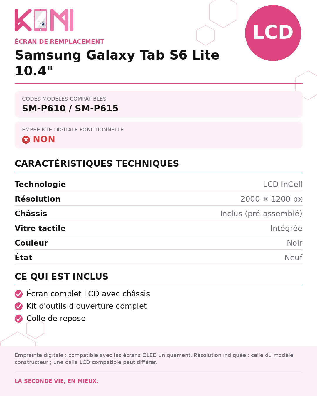Fiche produit KOMI - Écran Samsung Galaxy Tab S6 Lite LCD