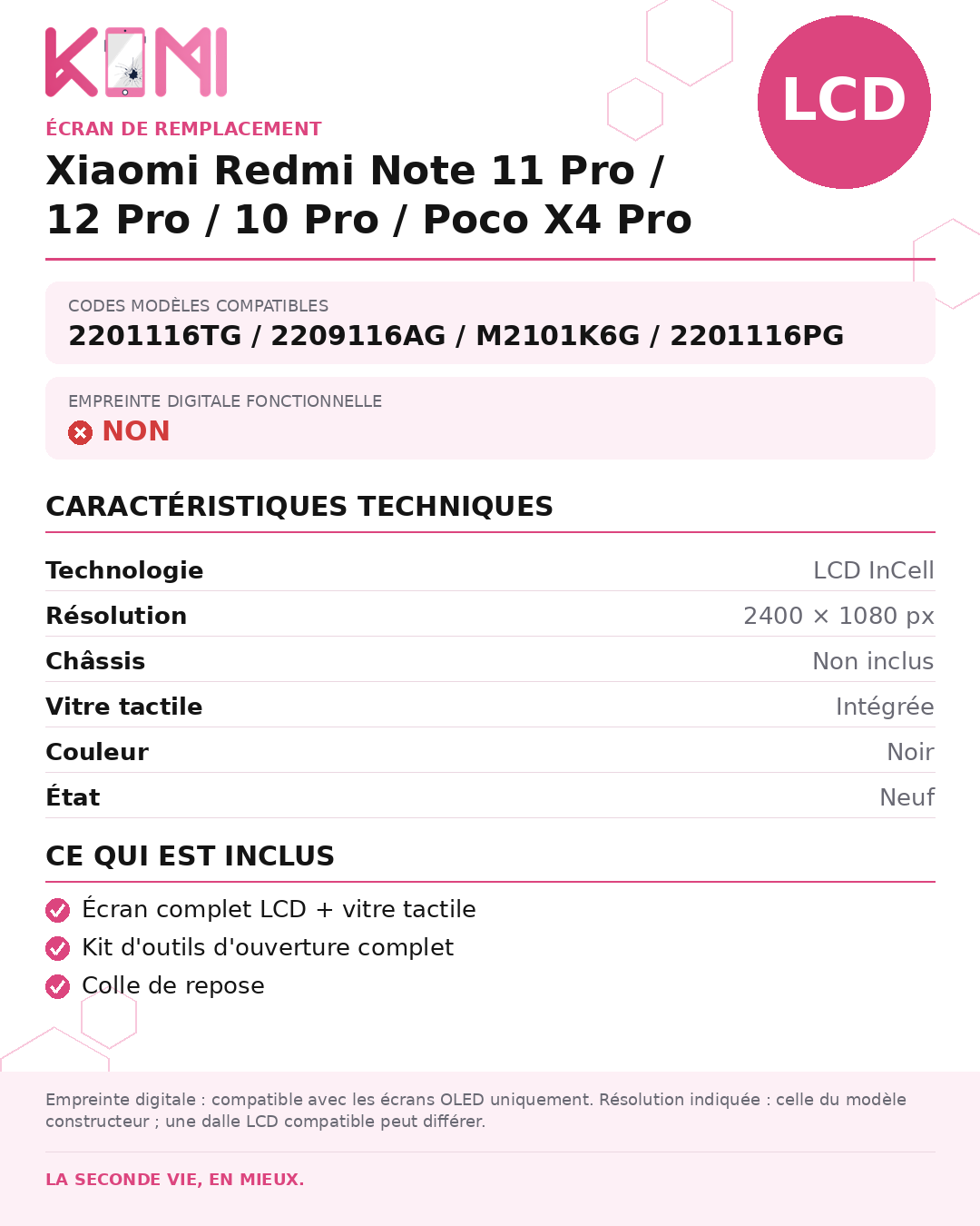 Fiche produit KOMI - Écran Xiaomi Redmi Note 11 Pro / 12 Pro / 10 Pro / Poco X4 Pro LCD