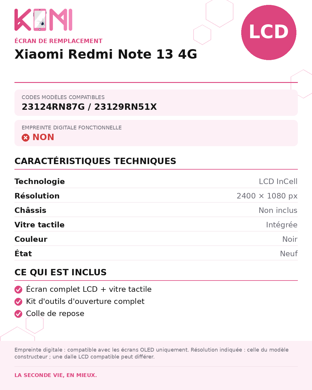 Fiche produit KOMI - Écran Xiaomi Redmi Note 13 4G LCD