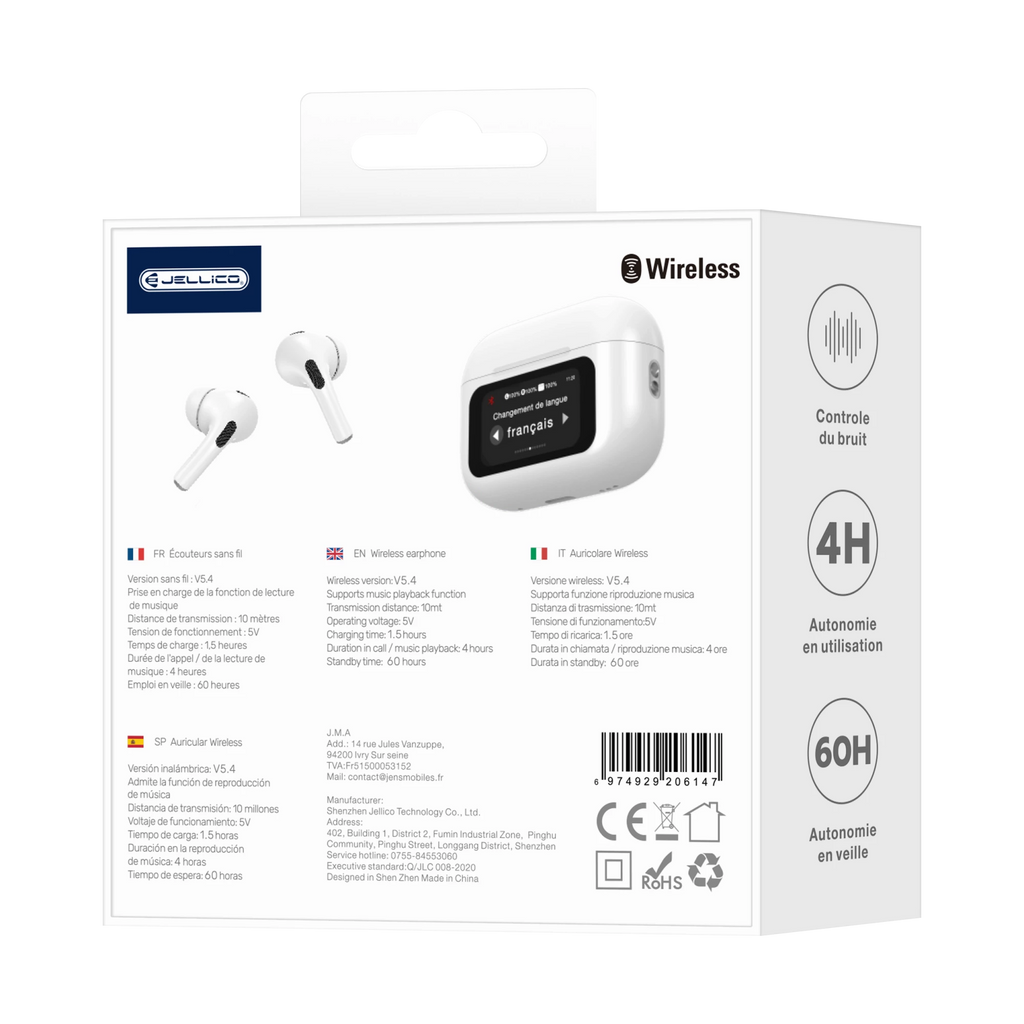 JELLICO - Écouteurs Sans Fil Bluetooth AirBlue Pro 3 – Écran LED & Commandes Tactiles Pods | Blanc