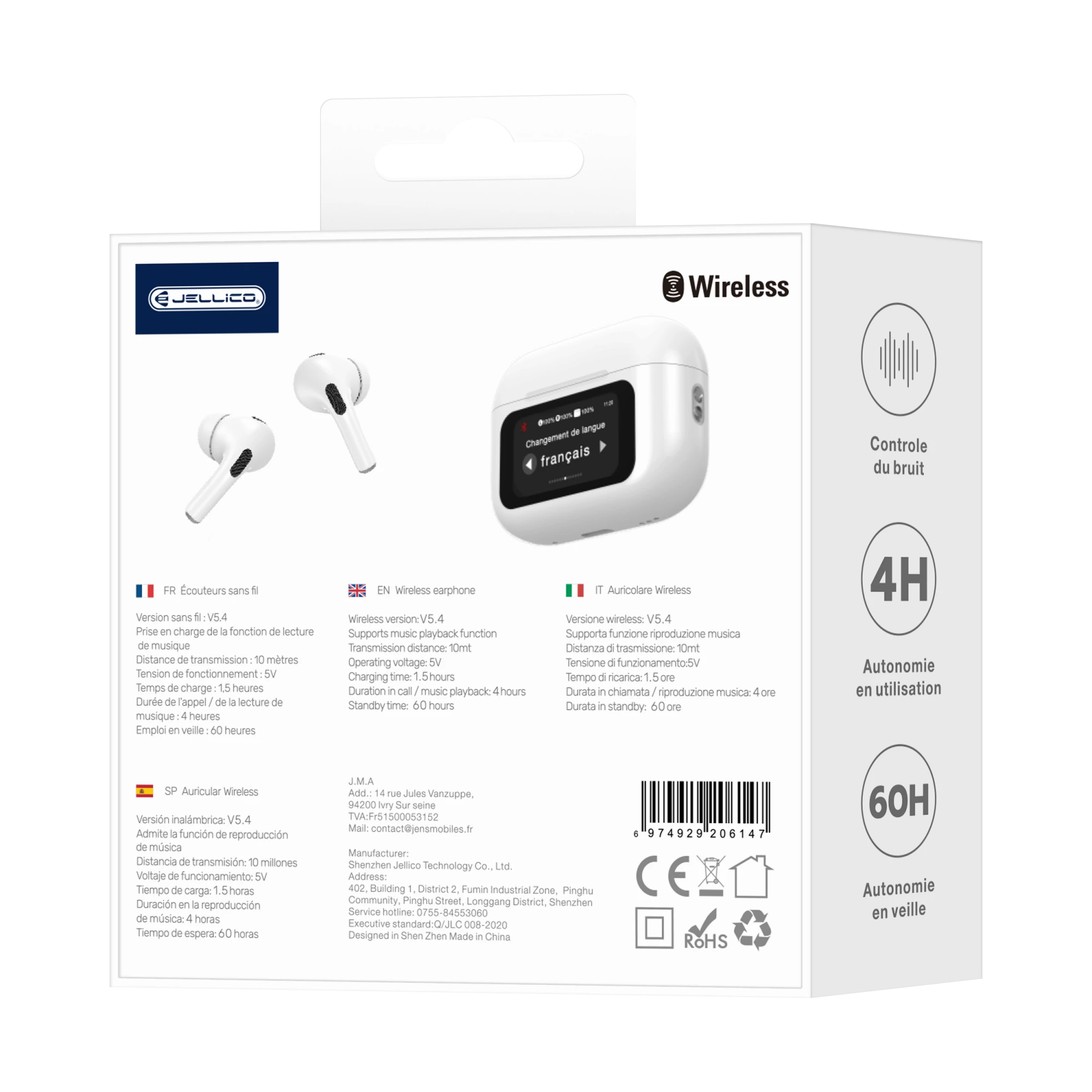 JELLICO - Écouteurs Sans Fil Bluetooth AirBlue Pro 3 – Écran LED & Commandes Tactiles Pods | Blanc
