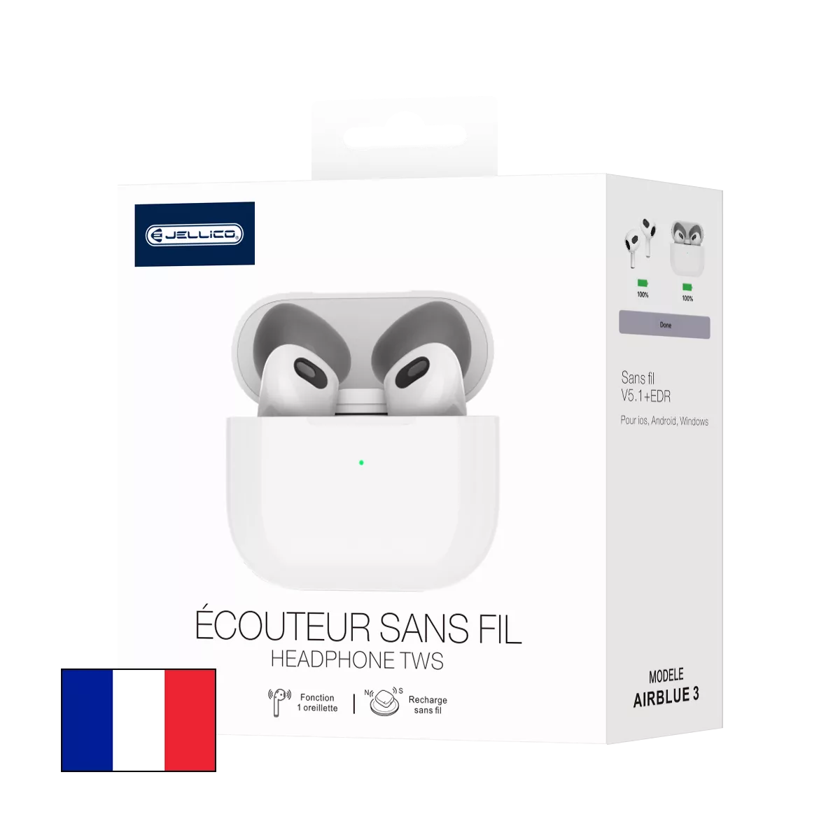 JELLICO - Écouteurs Sans Fil Bluetooth 5.1 – Intra-auriculaires AirBlue 3 TWS Pods | Blanc