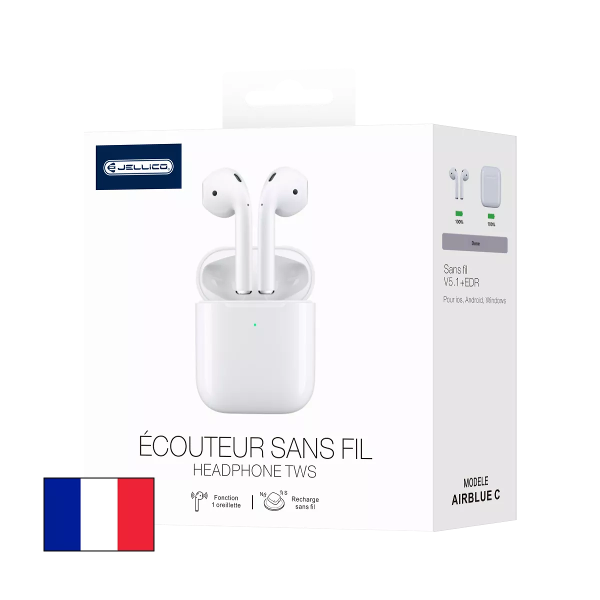 JELLICO - Écouteurs Sans Fil Bluetooth 5.0 – Intra-auriculaires AirBlue C TWS Compact Pods | Blanc