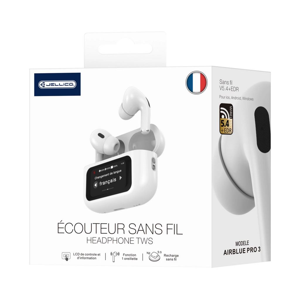 JELLICO - Écouteurs Sans Fil Bluetooth AirBlue Pro 3 – Écran LED & Commandes Tactiles Pods | Blanc
