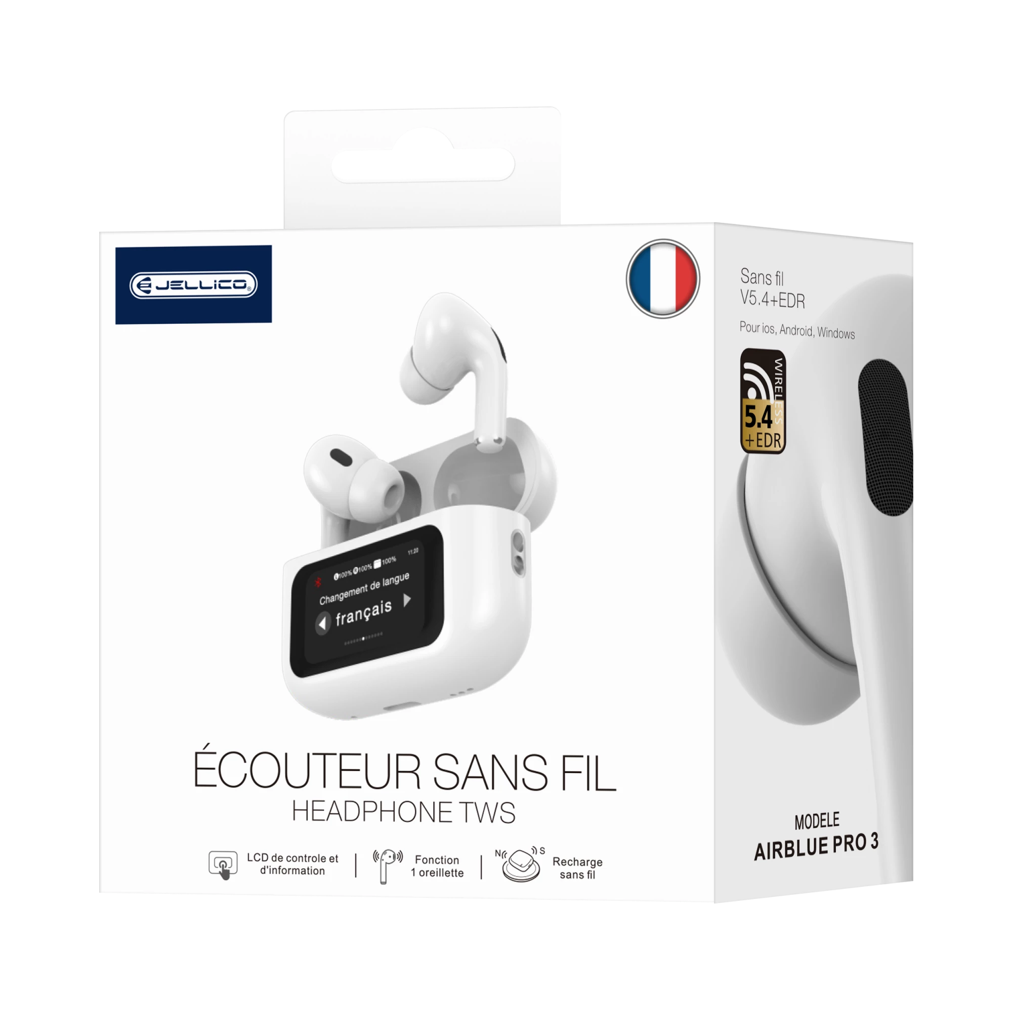 JELLICO - Écouteurs Sans Fil Bluetooth AirBlue Pro 3 – Écran LED & Commandes Tactiles Pods | Blanc