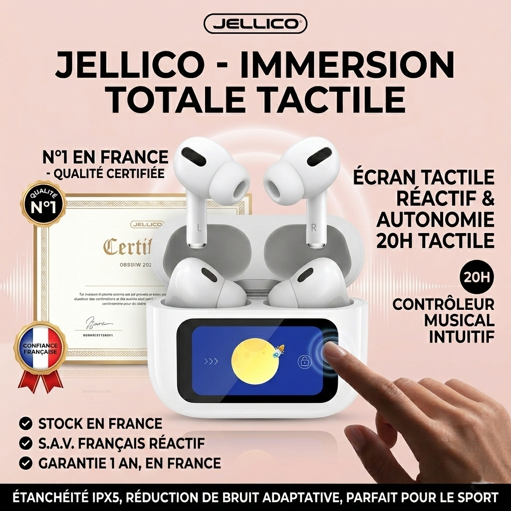 JELLICO - Écouteurs Sans Fil Bluetooth AirBlue Pro 3 – Écran LED & Commandes Tactiles Pods | Blanc